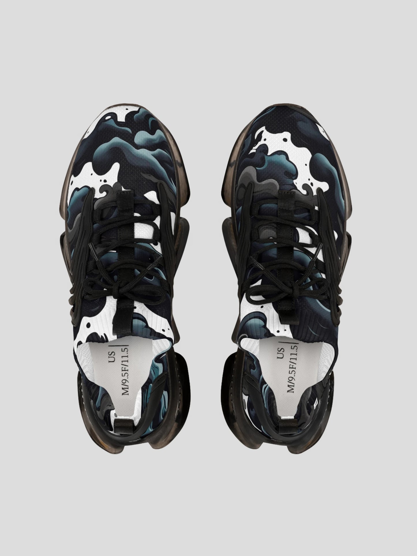 Top view of WOMENS REMNANT. FRACTURE smoke design sneaker showing breathable mesh and lace-up detail