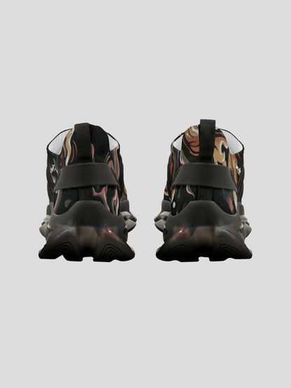 Rear angle of WOMENS REMNANT. RIFT sneaker with brown-green smoke design
